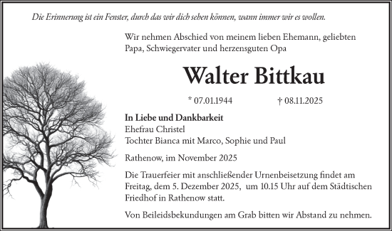 Traueranzeige von Walter Bittkau von Märkische Oderzeitung