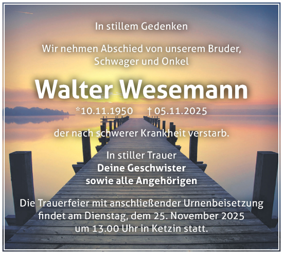 Traueranzeige von Walter Wesemann von Märkische Oderzeitung