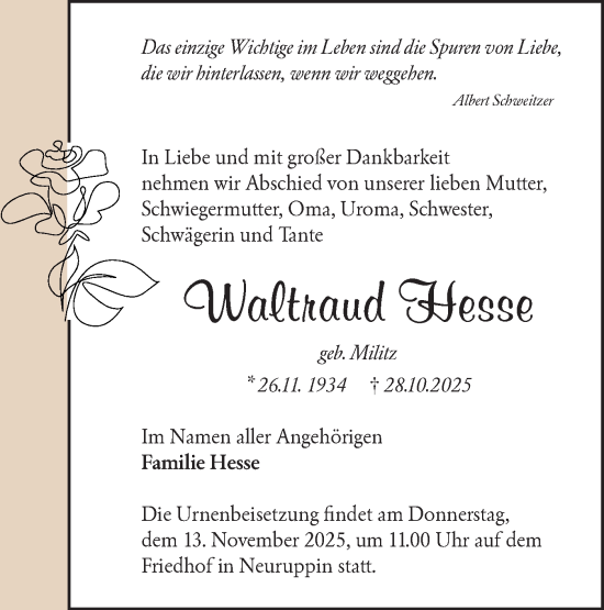 Traueranzeige von Waltraud Hesse von Märkische Oderzeitung