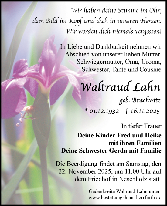 Traueranzeige von Waltraud Lahn von Märkische Oderzeitung