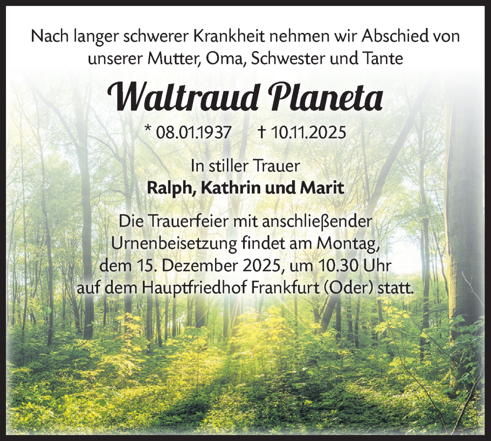  Traueranzeige für Waltraud Planeta vom 22.11.2025 aus Märkische Oderzeitung