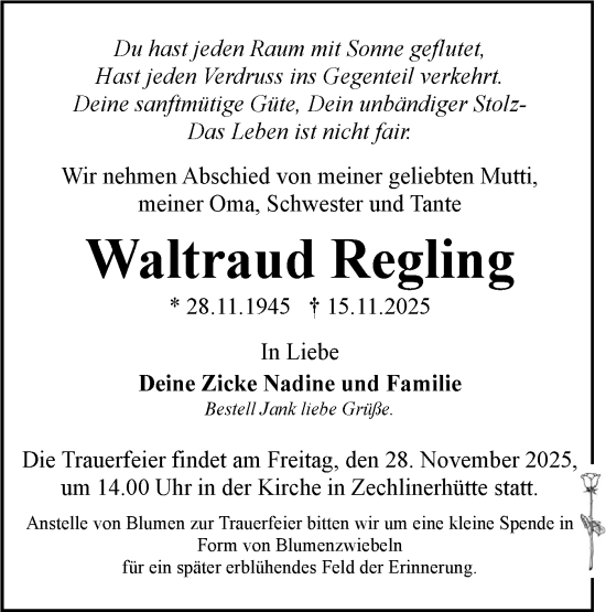 Traueranzeige von Waltraud Regling von Märkische Oderzeitung