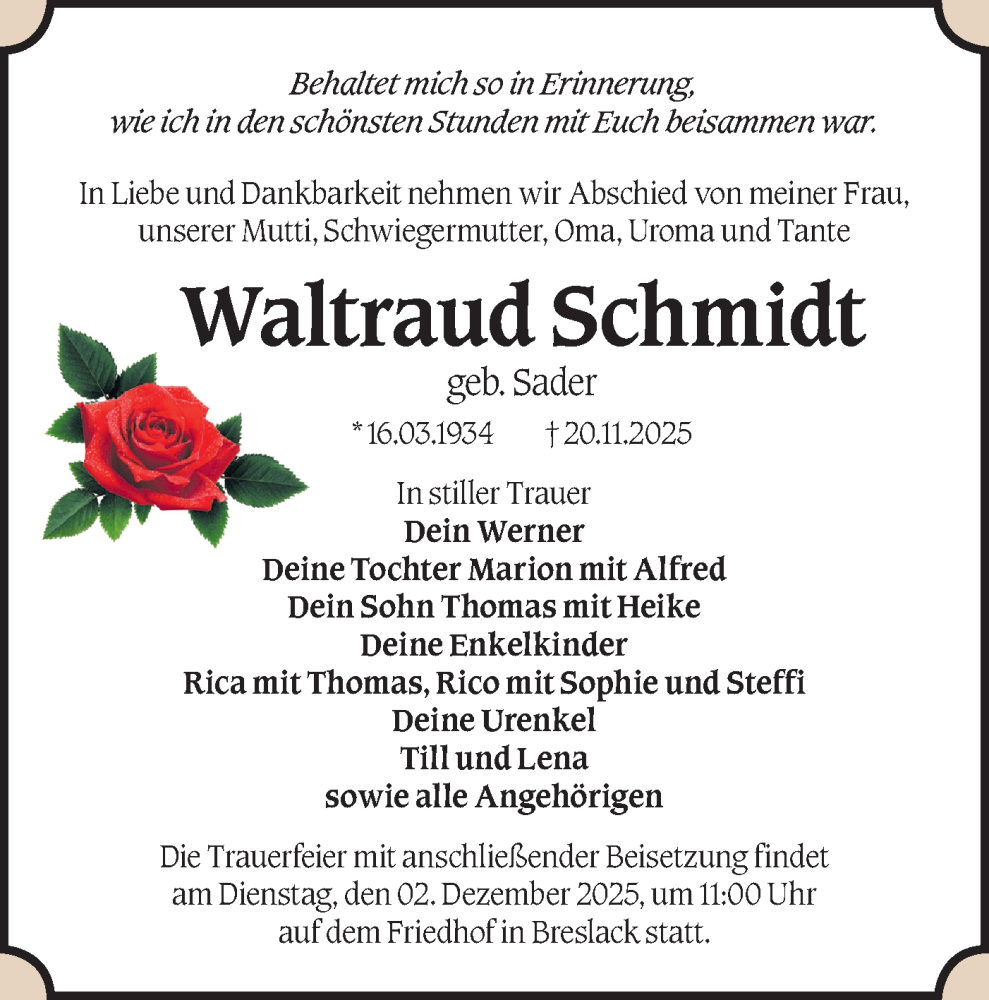  Traueranzeige für Waltraud Schmidt vom 29.11.2025 aus Märkische Oderzeitung