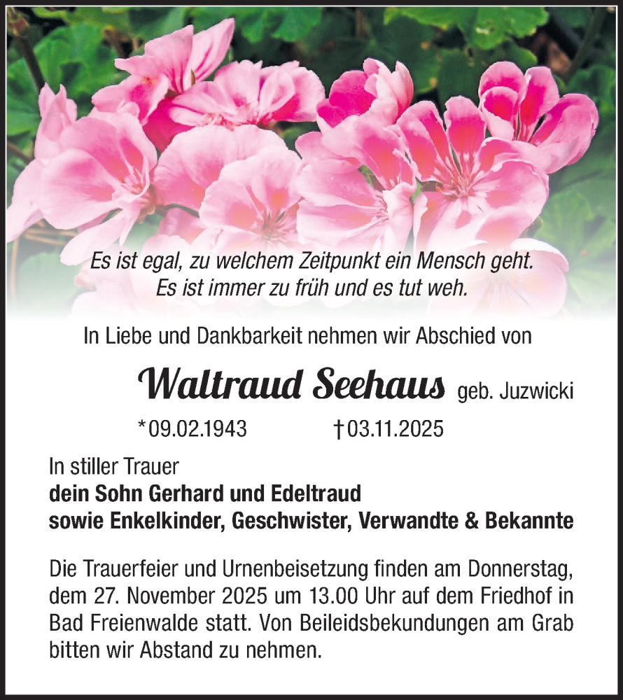  Traueranzeige für Waltraud Seehaus vom 21.11.2025 aus MO Oderld.-Echo
