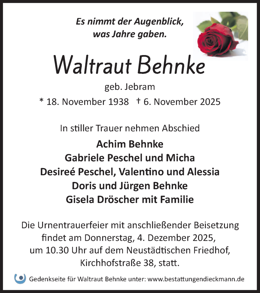  Traueranzeige für Waltraut Behnke vom 15.11.2025 aus Märkische Oderzeitung