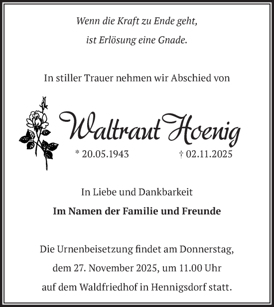 Traueranzeige von Waltraut Hoenig von Märkische Oderzeitung