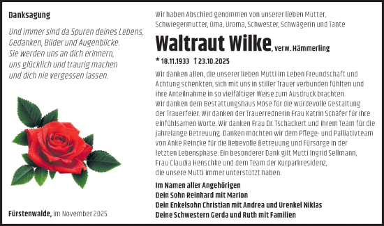 Traueranzeige von Waltraut Wilke von Märkische Oderzeitung