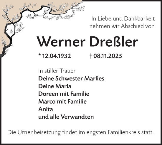 Traueranzeige von Werner Dreßler von Blickpunkt Jüterbog/Luckenwalde