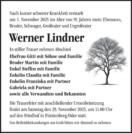Traueranzeige von Werner Lindner von Märkische Oderzeitung