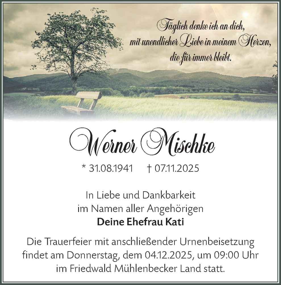  Traueranzeige für Werner Mischke vom 22.11.2025 aus Märkische Oderzeitung