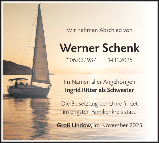 Traueranzeige von Werner Schenk von Märkische Oderzeitung