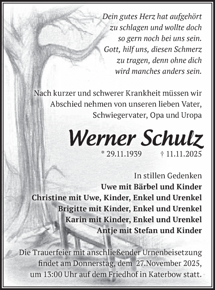  Traueranzeige für Werner Schulz vom 22.11.2025 aus Märkische Oderzeitung