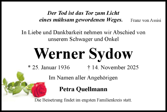 Traueranzeige von Werner Sydow von Märkische Oderzeitung