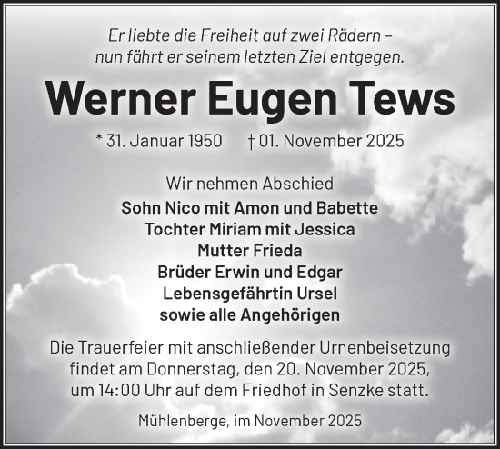 Traueranzeige von Werner Eugen Tews von Märkische Oderzeitung