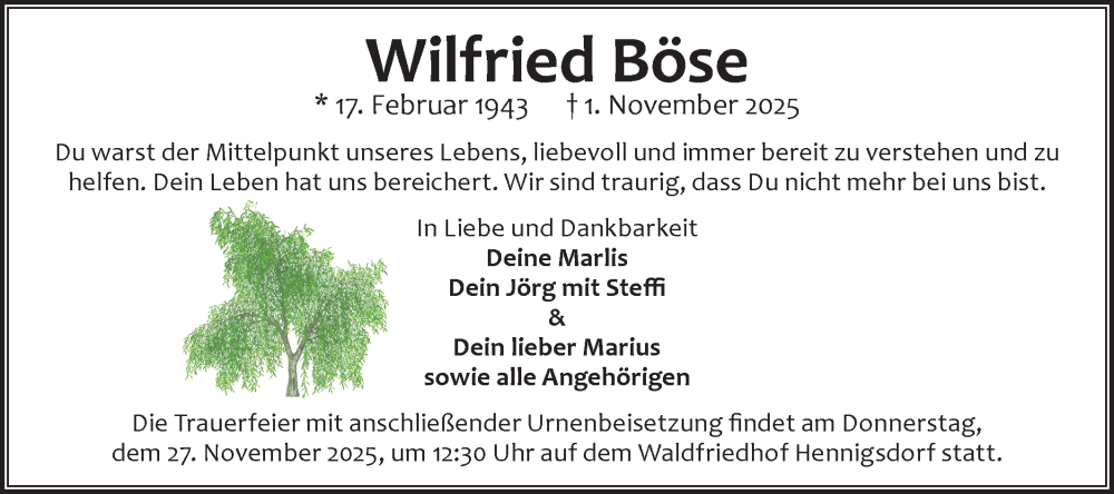  Traueranzeige für Wilfried Böse vom 15.11.2025 aus Märkische Oderzeitung