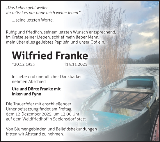 Traueranzeige von Wilfried Franke von Märkische Oderzeitung
