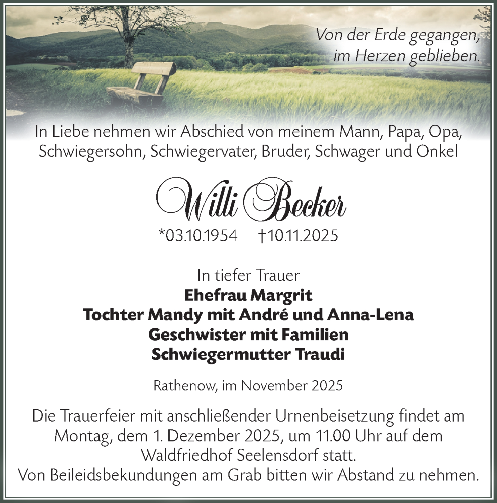  Traueranzeige für Willi Becker vom 15.11.2025 aus Märkische Oderzeitung