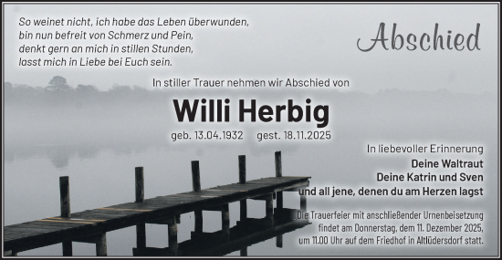 Traueranzeige von Willi Herbig von Märkische Oderzeitung