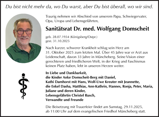 Traueranzeige von Wolfgang Domscheit von Märkische Oderzeitung
