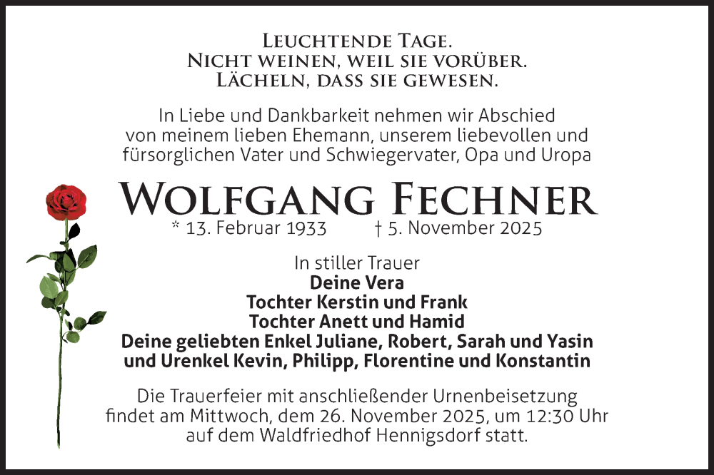 Traueranzeige für Wolfgang Fechner vom 15.11.2025 aus Märkische Oderzeitung