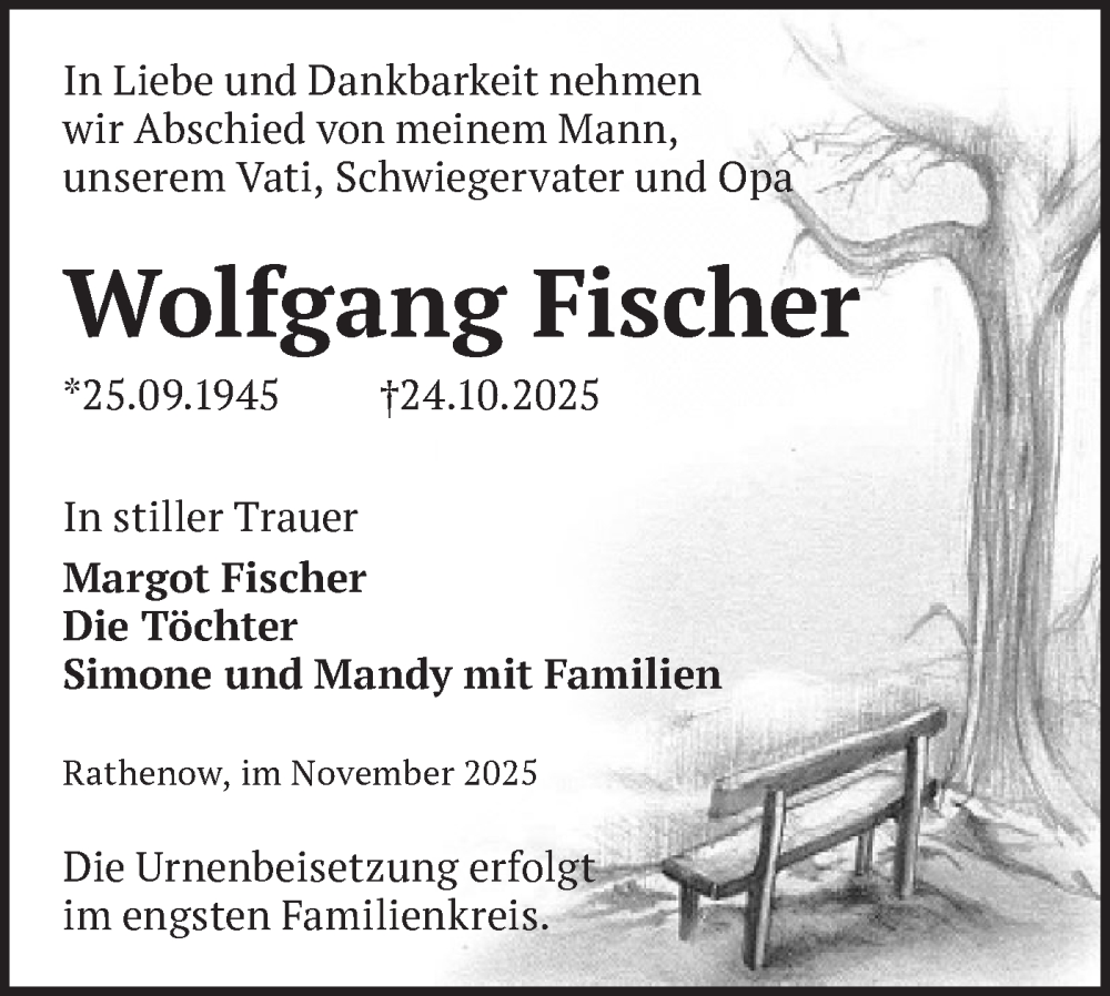  Traueranzeige für Wolfgang Fischer vom 08.11.2025 aus Märkische Oderzeitung