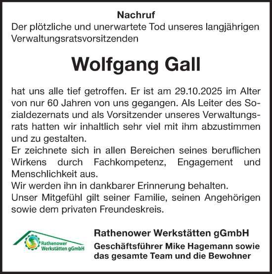 Traueranzeige von Wolfgang Gall von Märkische Oderzeitung