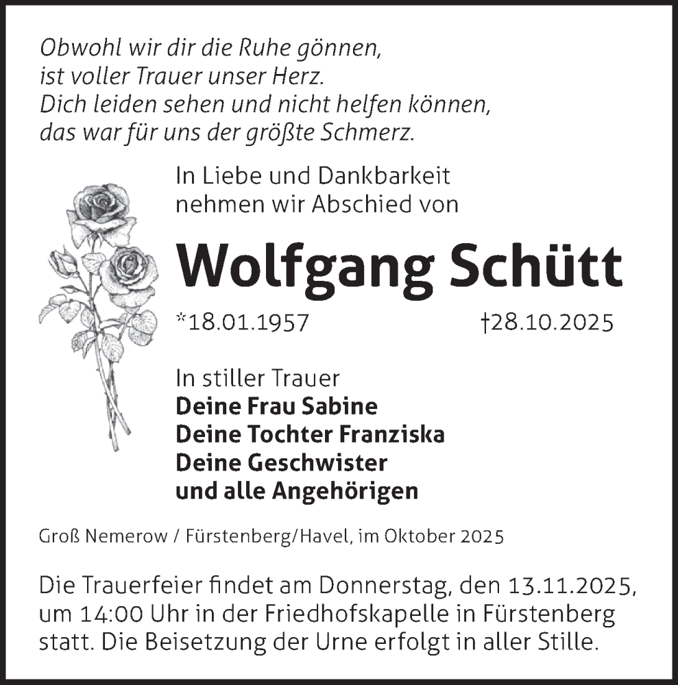  Traueranzeige für Wolfgang Schütt vom 05.11.2025 aus Märkische Oderzeitung