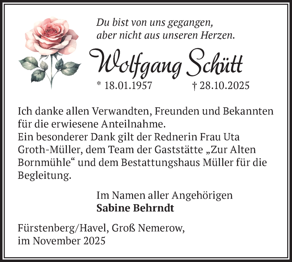  Traueranzeige für Wolfgang Schütt vom 19.11.2025 aus Märkische Oderzeitung