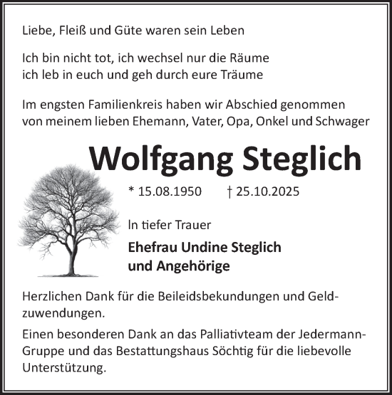 Traueranzeige von Wolfgang Steglich von Märkische Oderzeitung