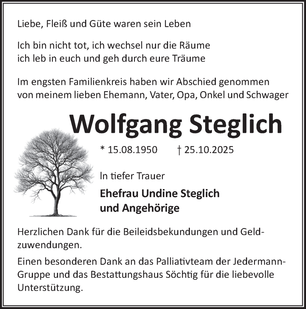  Traueranzeige für Wolfgang Steglich vom 29.11.2025 aus Märkische Oderzeitung