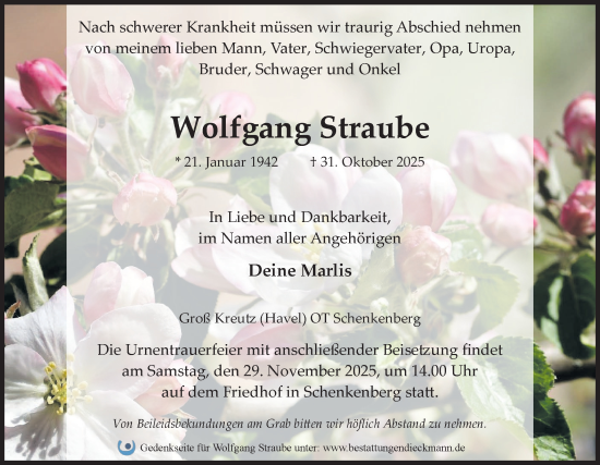 Traueranzeige von Wolfgang Straube von Märkische Oderzeitung