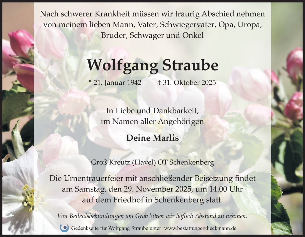  Traueranzeige für Wolfgang Straube vom 15.11.2025 aus Märkische Oderzeitung