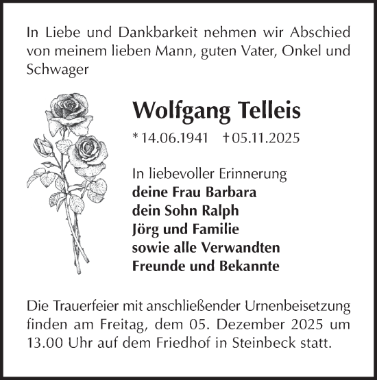 Traueranzeige von Wolfgang Telleis von MO Oderld.-Echo