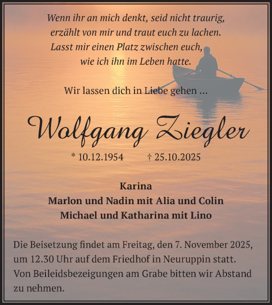 Traueranzeige von Wolfgang Ziegler von Märkische Oderzeitung
