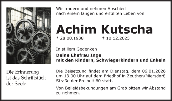 Traueranzeige von Achim Kutscha von Blickpunkt Königs Wusterhausen
