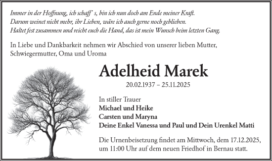 Traueranzeige von Adelheid Marek von Märkische Oderzeitung