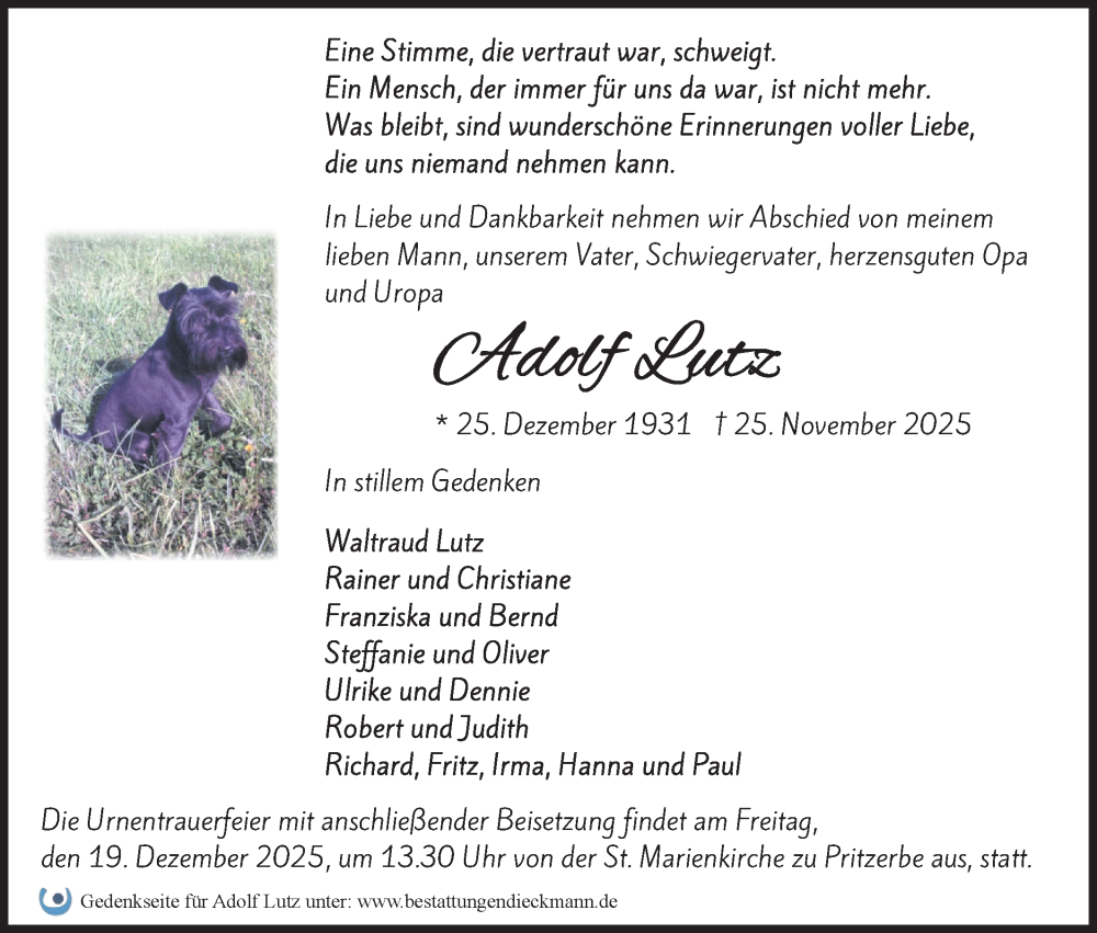  Traueranzeige für Adolf Lutz vom 06.12.2025 aus Märkische Oderzeitung
