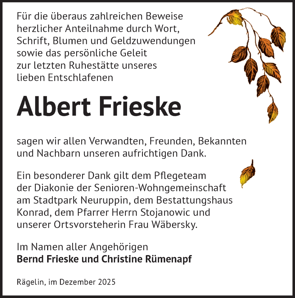  Traueranzeige für Albert Frieske vom 20.12.2025 aus Märkische Oderzeitung