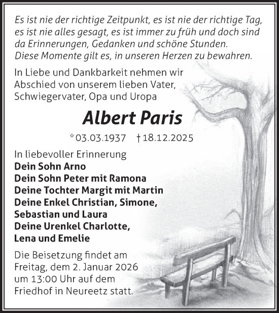Traueranzeige von Albert Paris von MO Oderld.-Echo