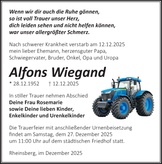 Traueranzeige von Alfons Wiegand von Märkische Oderzeitung