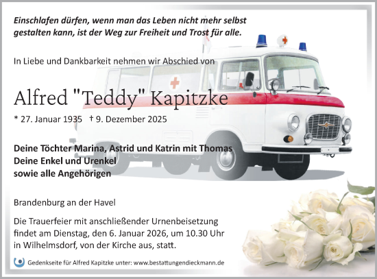 Traueranzeige von Alfred Kapitzke von Märkische Oderzeitung