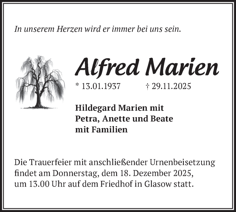  Traueranzeige für Alfred Marien vom 06.12.2025 aus Blickpunkt Ludwigsfelde/Zossen