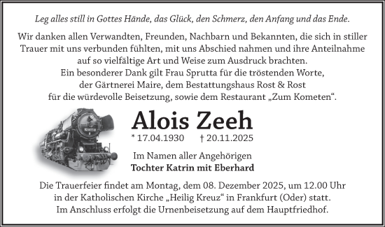 Traueranzeige von Alois Zeeh von Märkische Oderzeitung