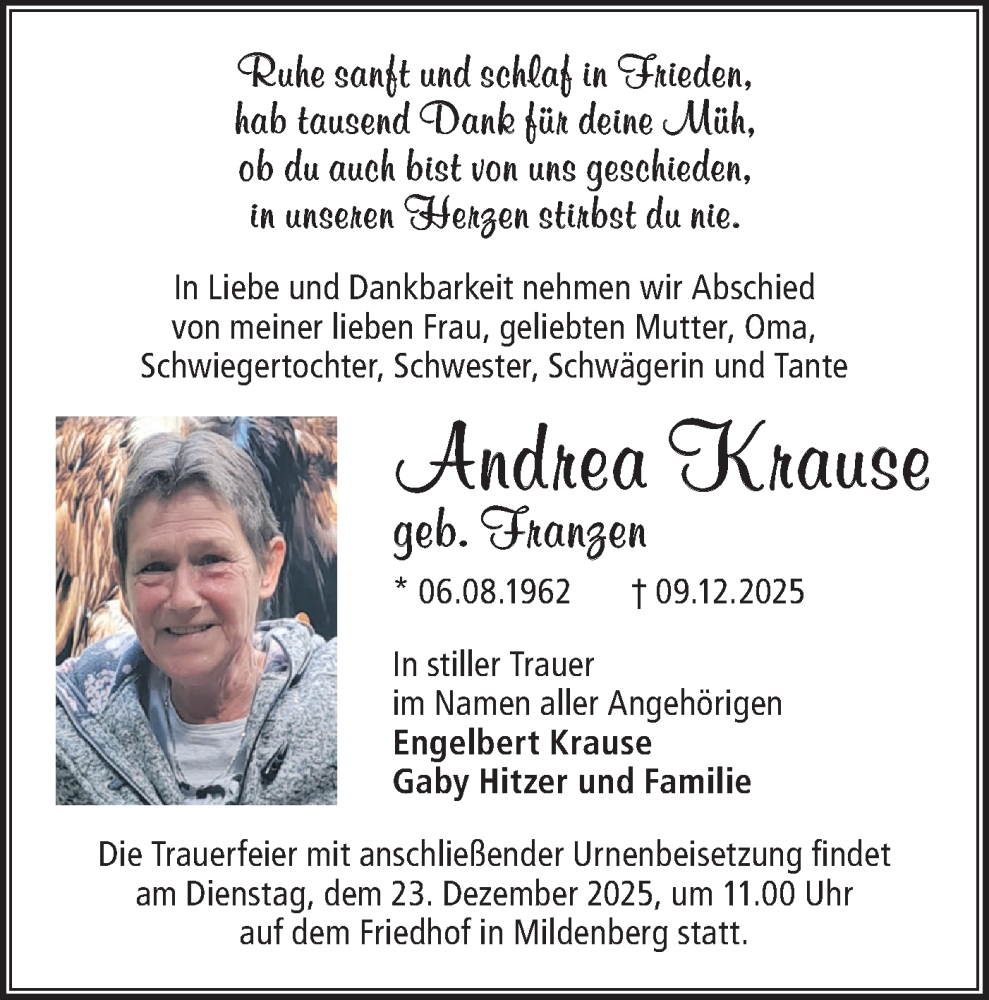  Traueranzeige für Andrea Krause vom 20.12.2025 aus Märkische Oderzeitung