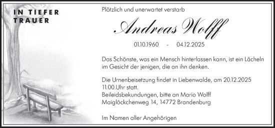 Traueranzeige von Andreas Wolff von Märkische Oderzeitung