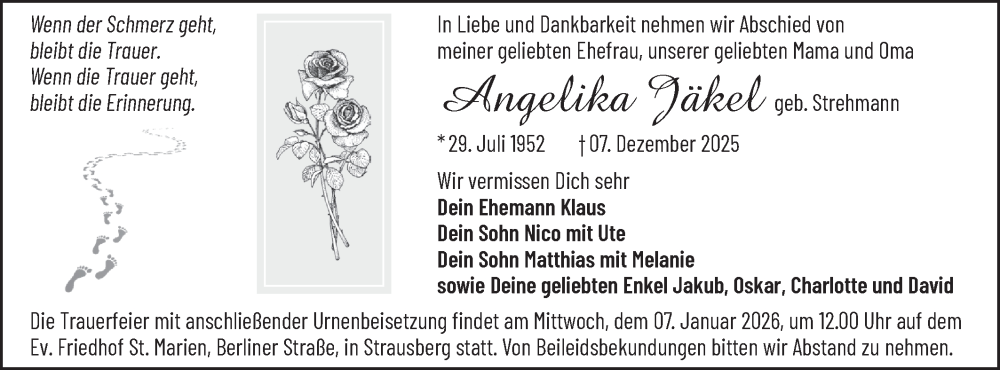  Traueranzeige für Angelika Jäkel vom 20.12.2025 aus Märkische Oderzeitung