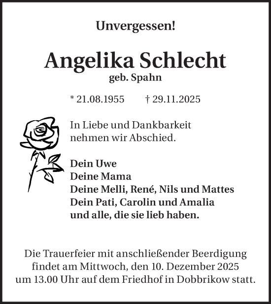Traueranzeige von Angelika Schlecht von Blickpunkt Jüterbog/Luckenwalde