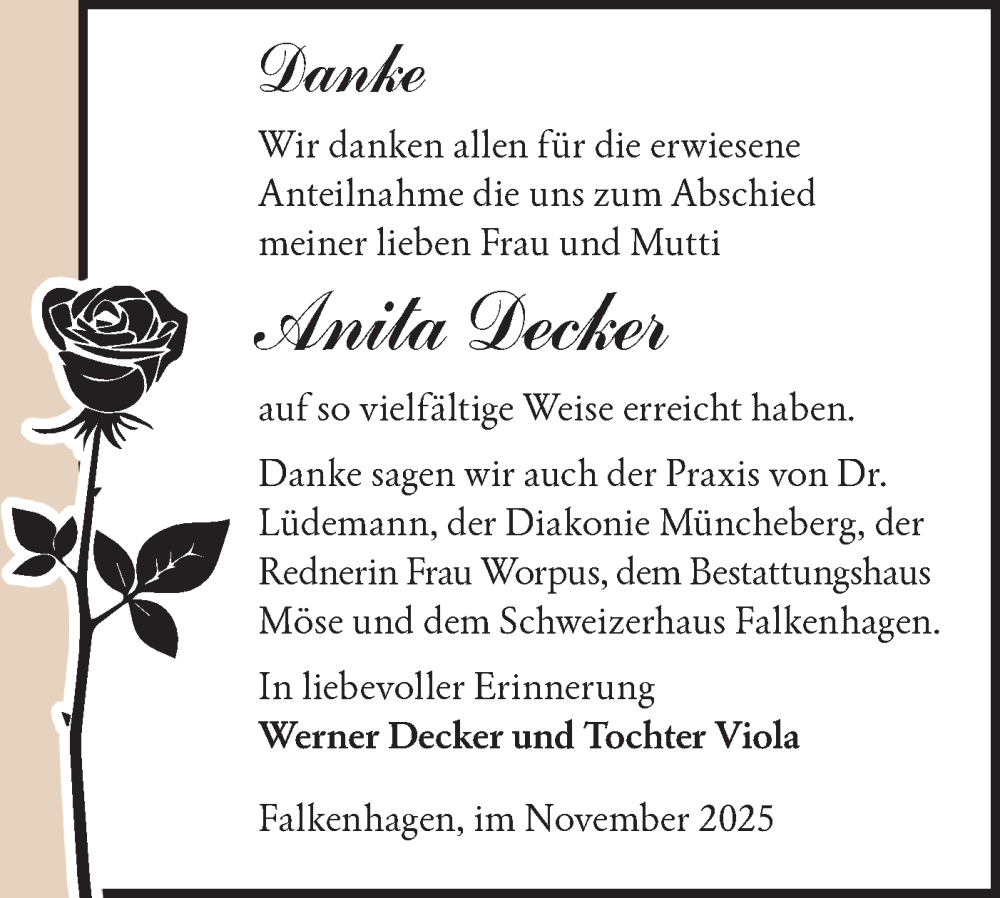  Traueranzeige für Anita Decker vom 06.12.2025 aus MO Oderld.-Echo