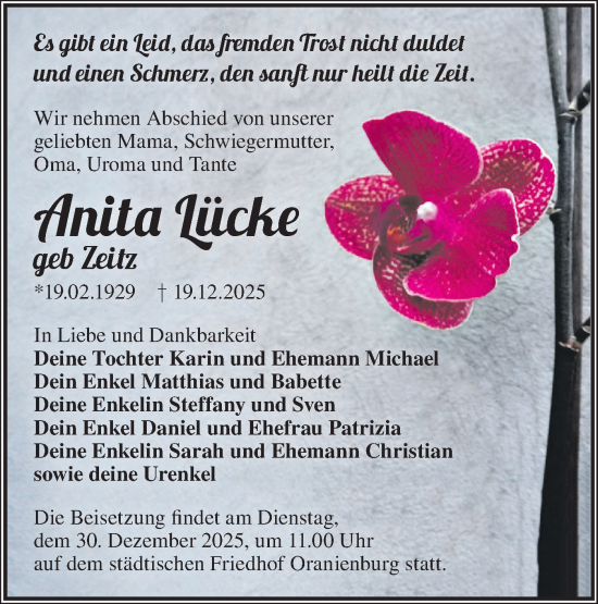 Traueranzeige von Anita Lücke von Märkische Oderzeitung