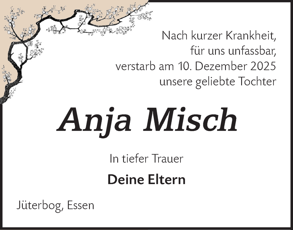  Traueranzeige für Anja Misch vom 20.12.2025 aus Blickpunkt Jüterbog/Luckenwalde